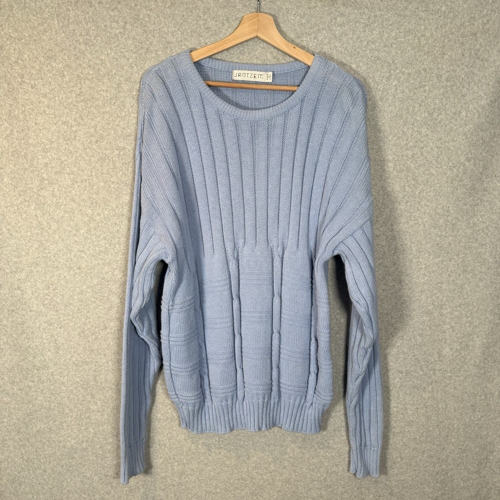 Vintage Jantzen Sweater Mens Large Blue Cable Knit Cotton Pullover